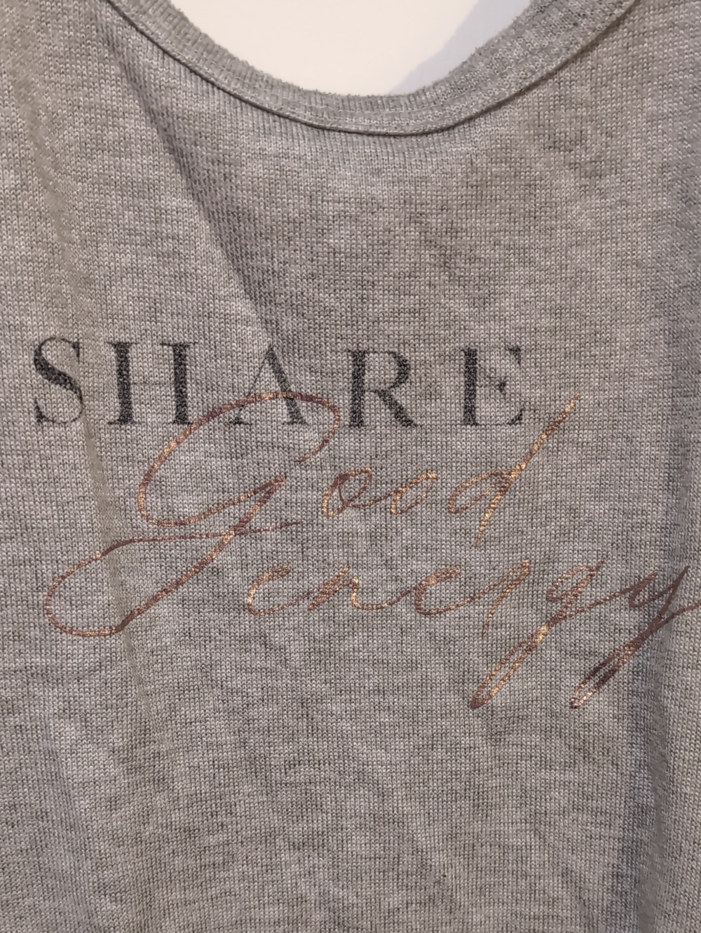 🍇 LAST CALL! Danskin Gray Muscle Tee with Rose Gold Share Good Energy Text